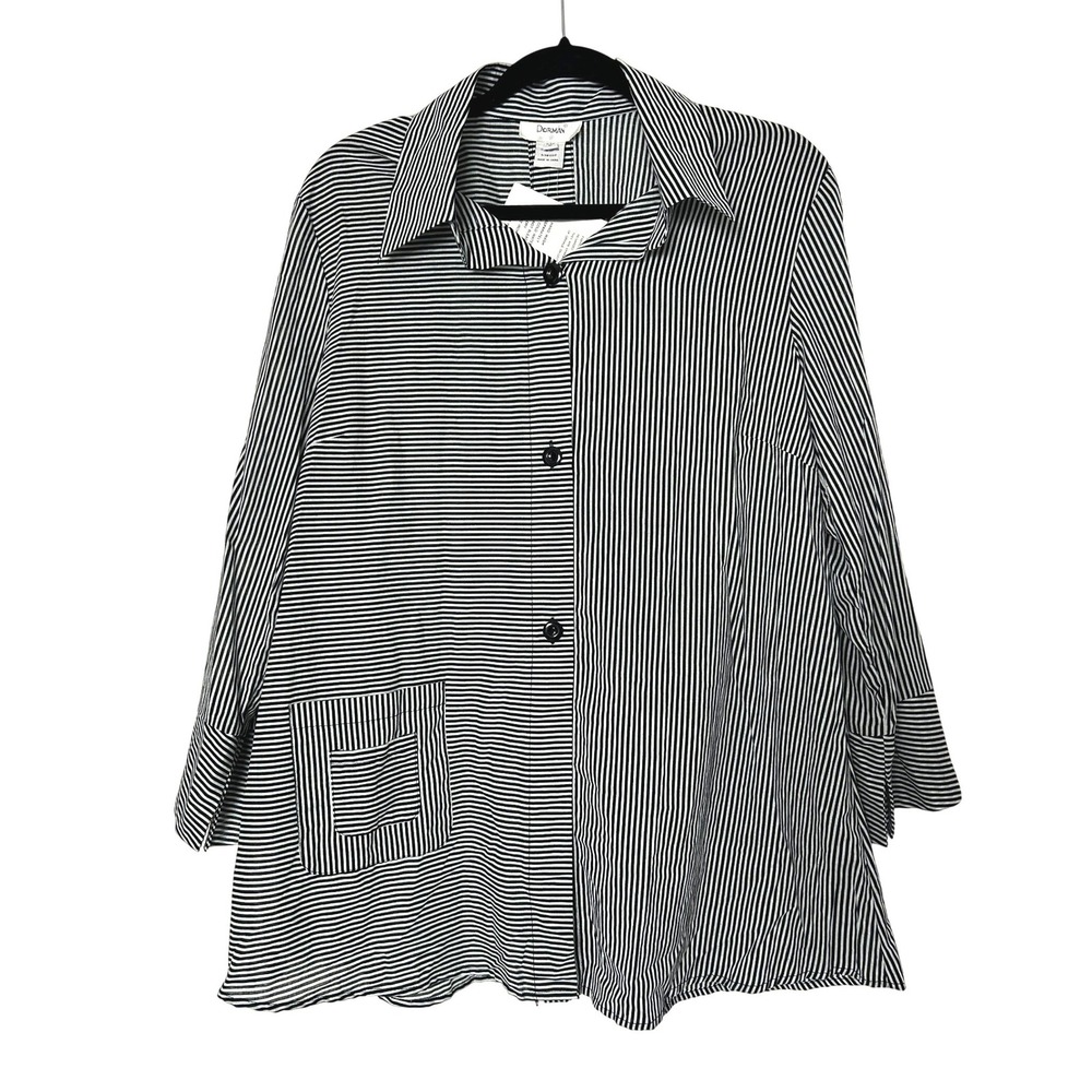 Vintage Dorman Button Down Shirt M Black White Striped Tunic artsy beetlejuice